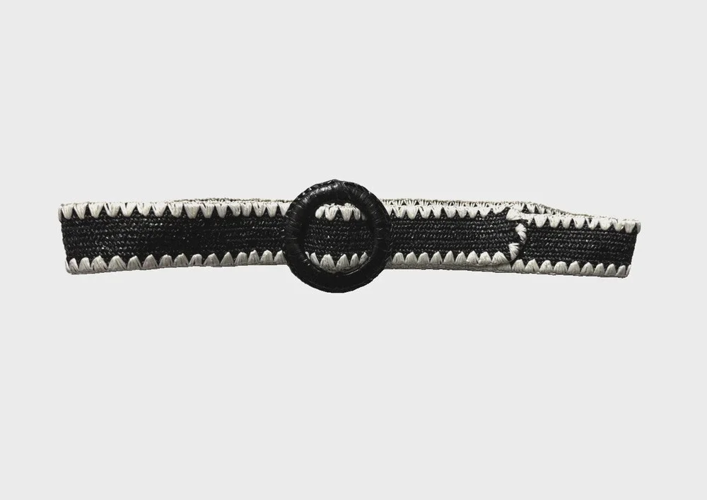 Womens Vintage Stretchy Statement Belt Size Small Black & Cream Raffia Look